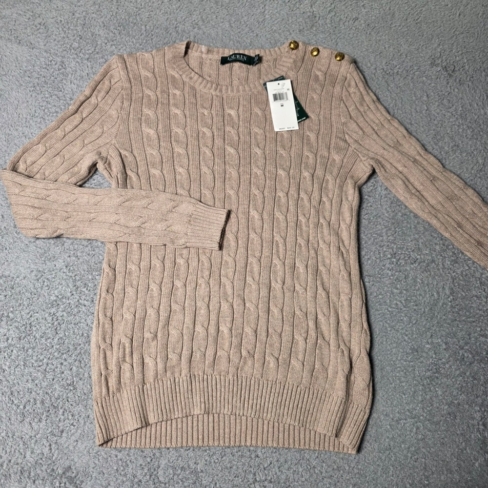 Lauren Ralph Lauren Womens M Cable Knit Sweater Oatmeal Gold Button Shoulder